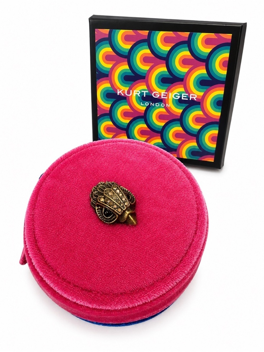 Kurt Geiger NIB Pink Round Velvet Jewelry Case with Gold Tone Hamsa Accent